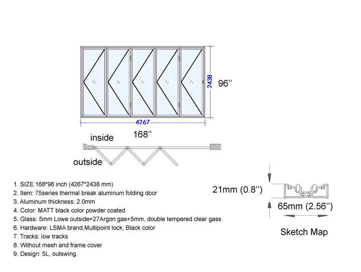 Aluminum Bifold Door 168"Wx96"H - OUT SWING FROM EXTERIOR VIEW image 1