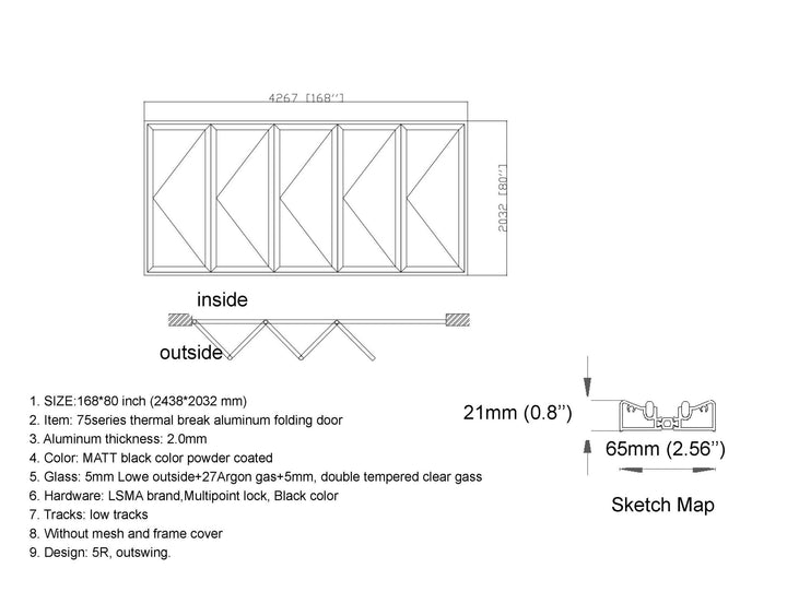 Aluminum Bifold Door 168"Wx80"H - OUT SWING FROM EXTERIOR VIEW image 3